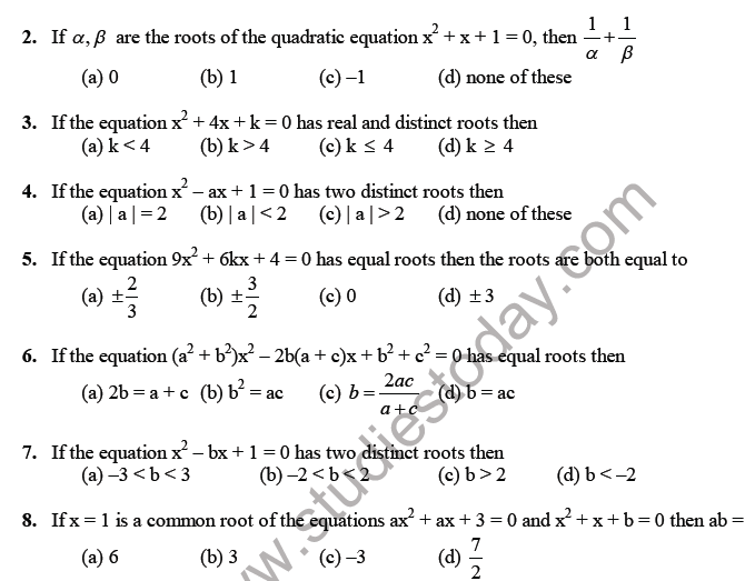 MCQ for Class 10 Quadratic Equation